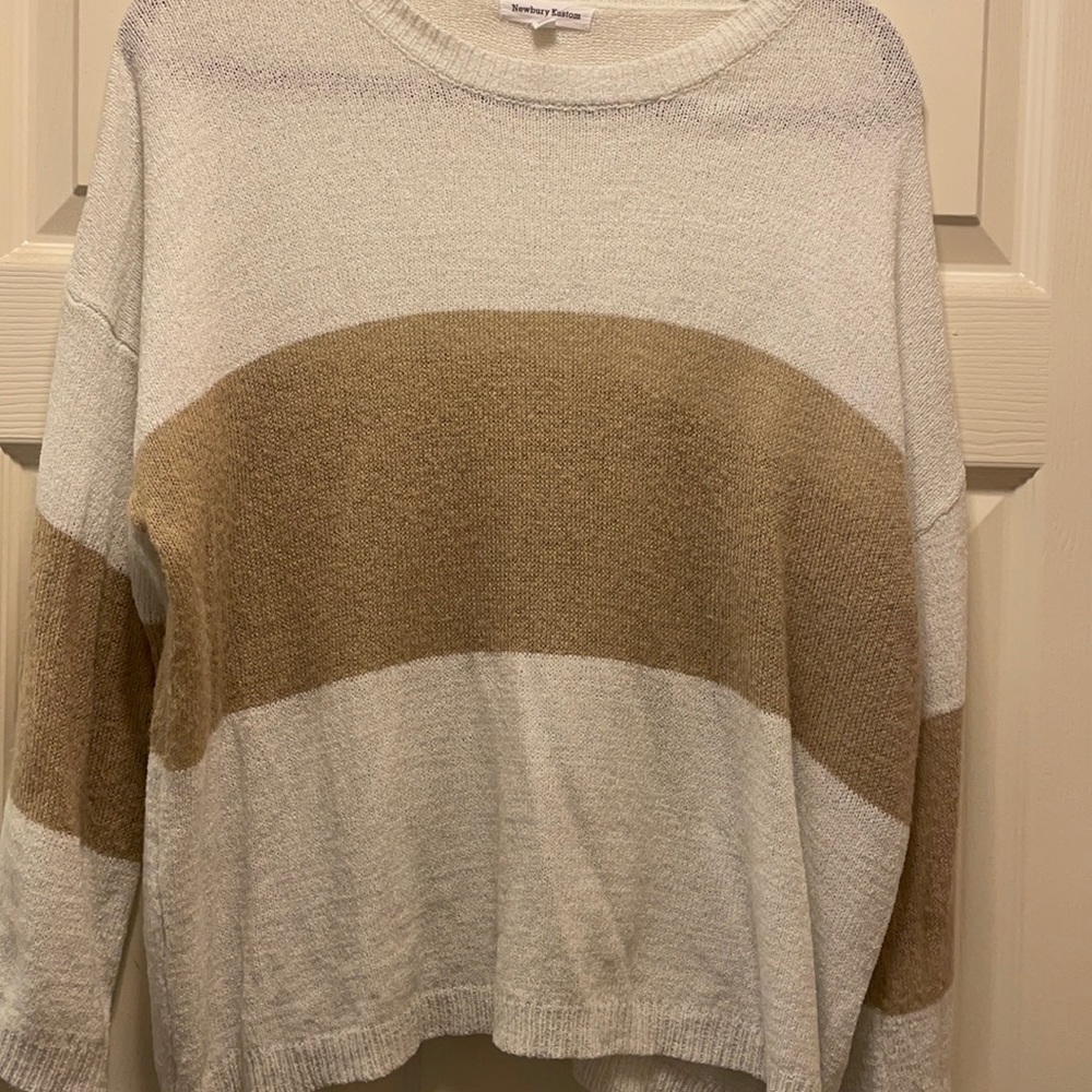 White/brown color block striped open knit sweater